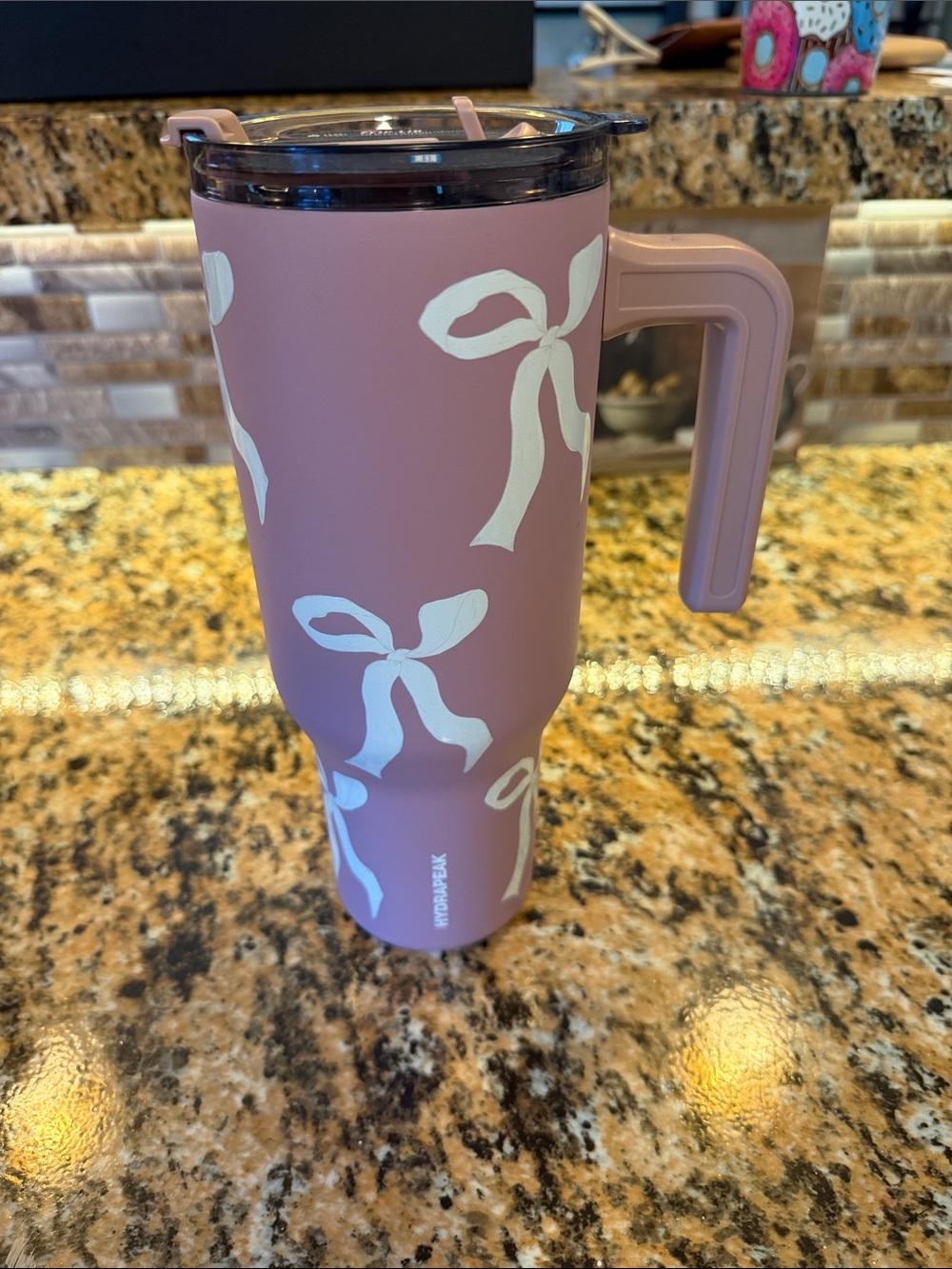 Pink Tumbler with White Bow Design Travel Mug no straw
